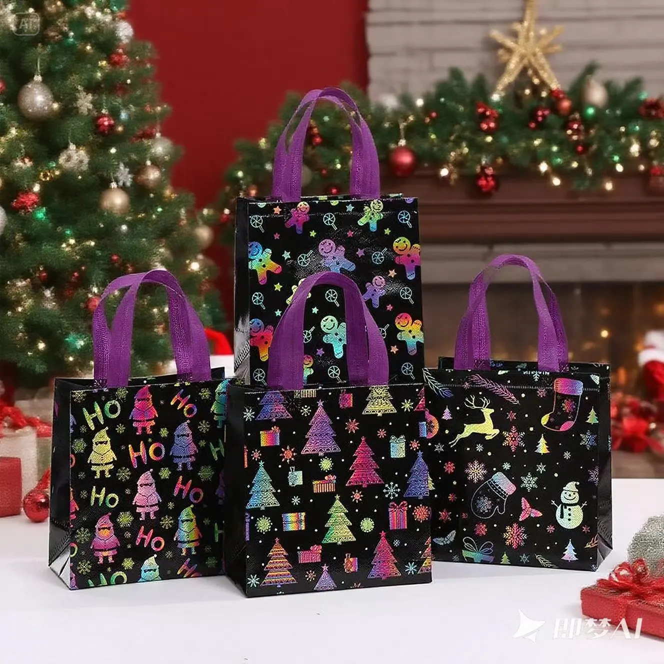 Sacs cadeaux colorés Non tissés imprimés de noël, 4 pièces, sacs d'emballage de fête Festive, sacs de courses