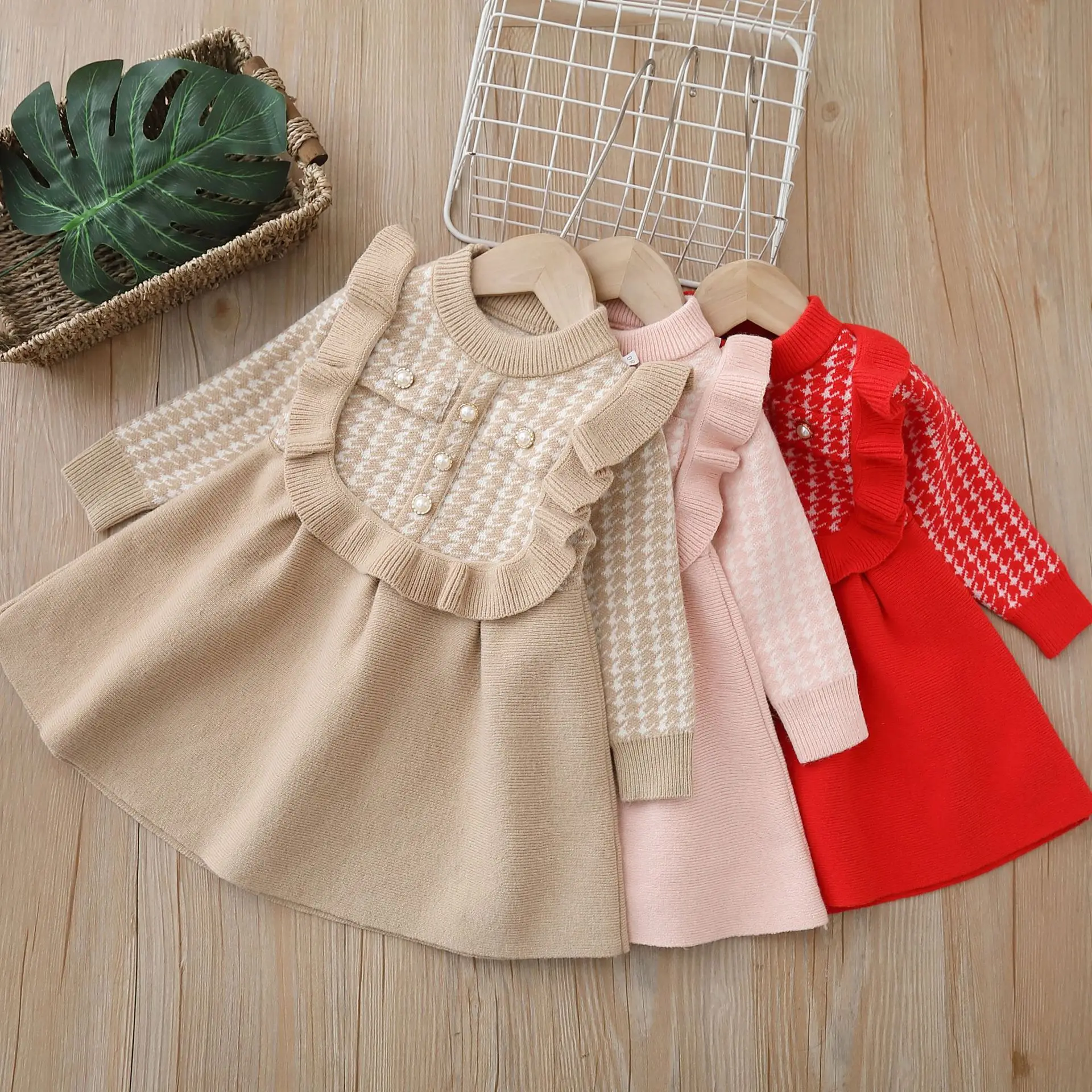 Mädchen Freizeitkleider Plaid Spitze Strickkleid Herbst und Winter Pullover Kleider Kleinkind Mädchen Kleidung Baby Mädchen Kleid