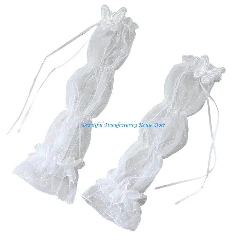 E56A Long Lace Fingerless Gloves Elastic Cuffs Arm Sleeves with Butterfly Decors for Vacation Driving Sunproof Arm Covers