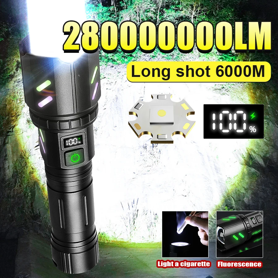 

Сверхъяркий светодиодный фонарь 280000000LM с зарядкой Type-C, мощный прожектор для охоты, с индикатором заряда, кемпинговый фонарь