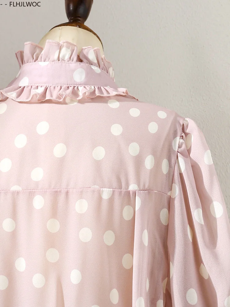Design français Dot hauts Blouses nouveau Design 2025 Y2K femmes à manches longues ample décontracté volants Blouses bureau dame bases chemises roses