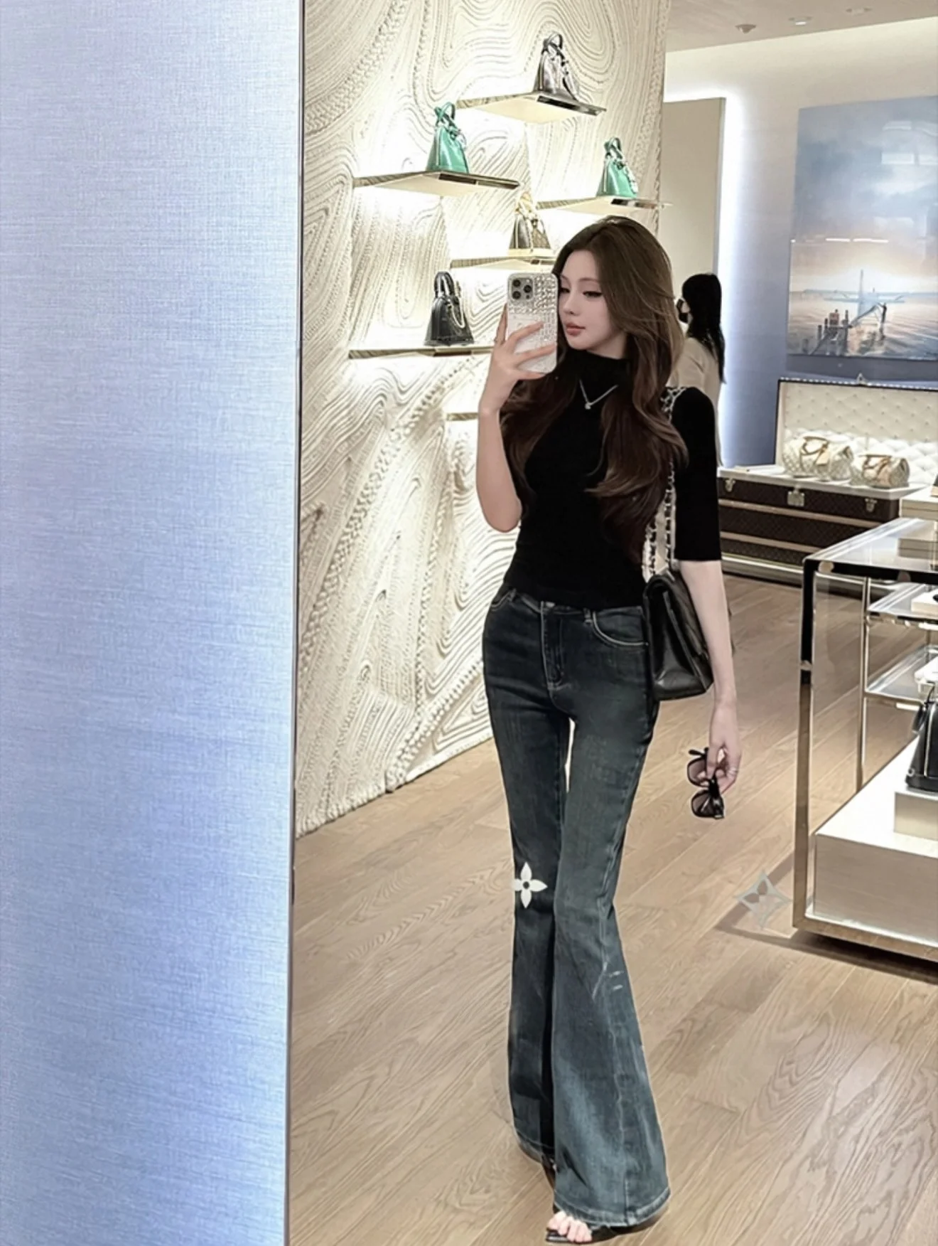 

High Waist Cotton Stretch Denim Jeans Women's Autumn Winter Fce Lined Bootcut Waed out Jeans Cleanfit Sle Ladies Faion