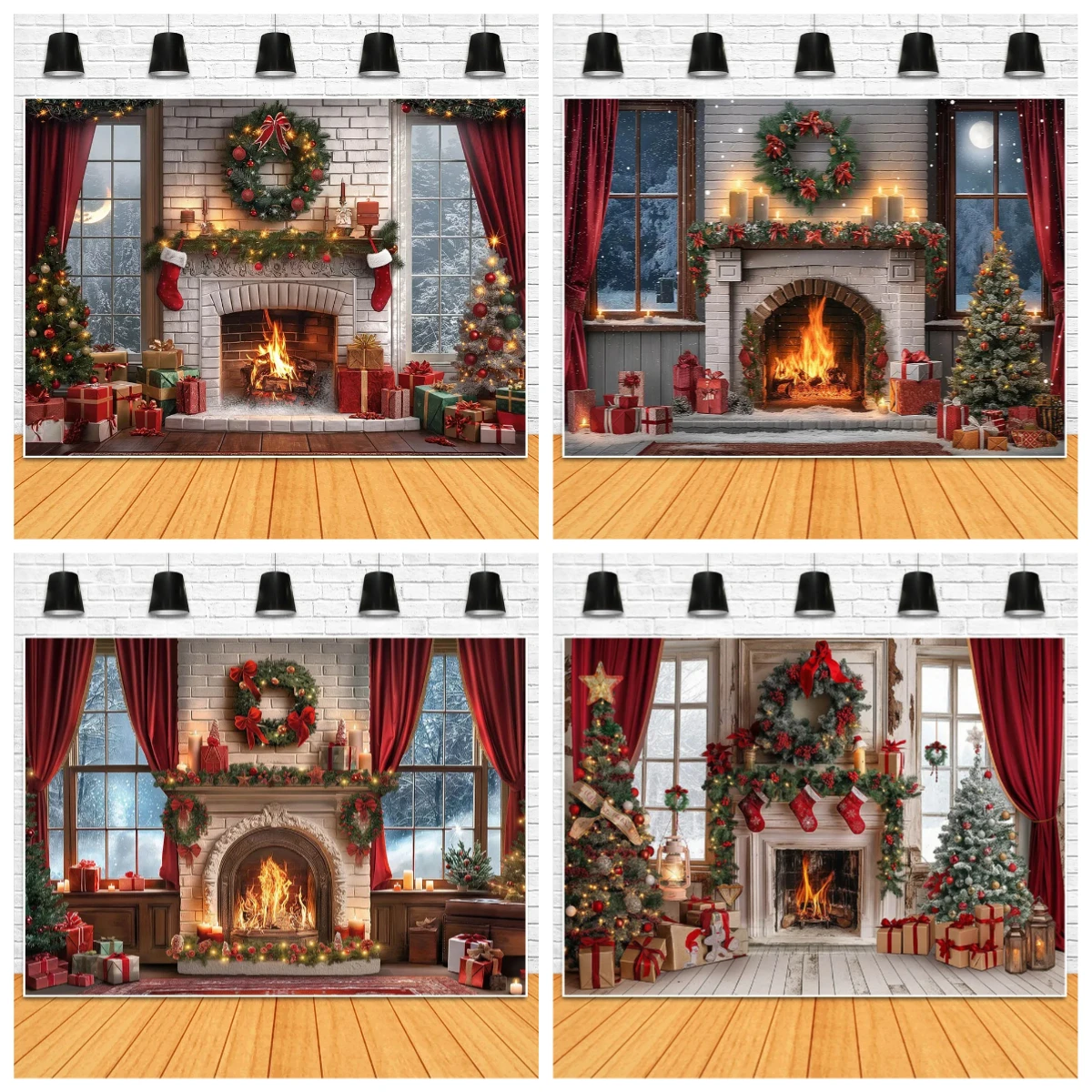 

Christmas Fireplace Background Brick Wall Window Red Curtain Wreath Family Portrait Background Photo Studio Shoot Props