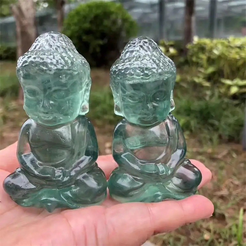 8CM Natural Green Fluorite Buddha Statue Carving Handicraft Ornaments Gift Energy Gemstone Home Decoration Gift 1pcs