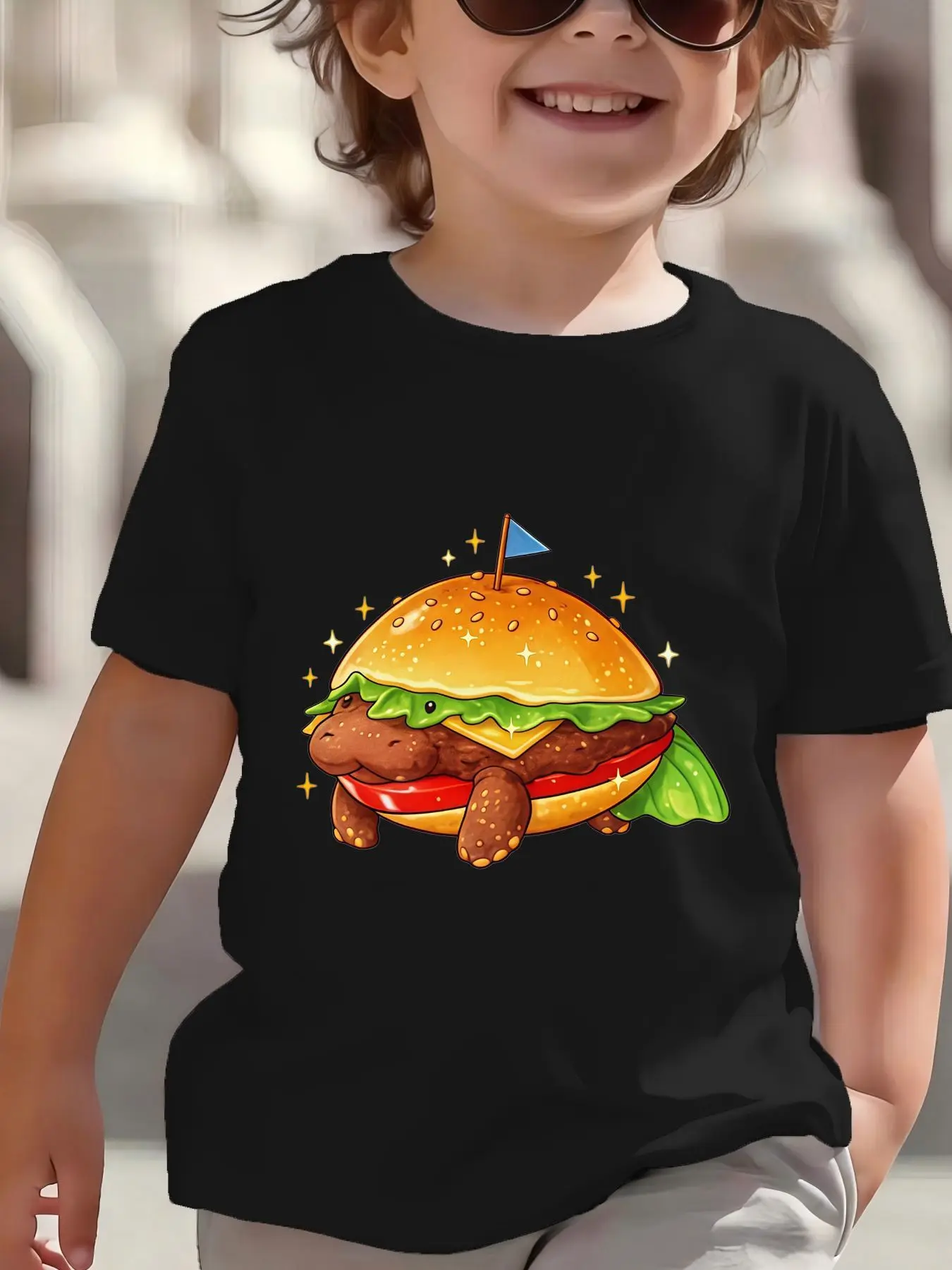 Kids Cute Turtle Burger Food Graphic Tee Boys Girls Family Matching Short Sleeve Funny Cartoon Animal Casual Daily T Shirt