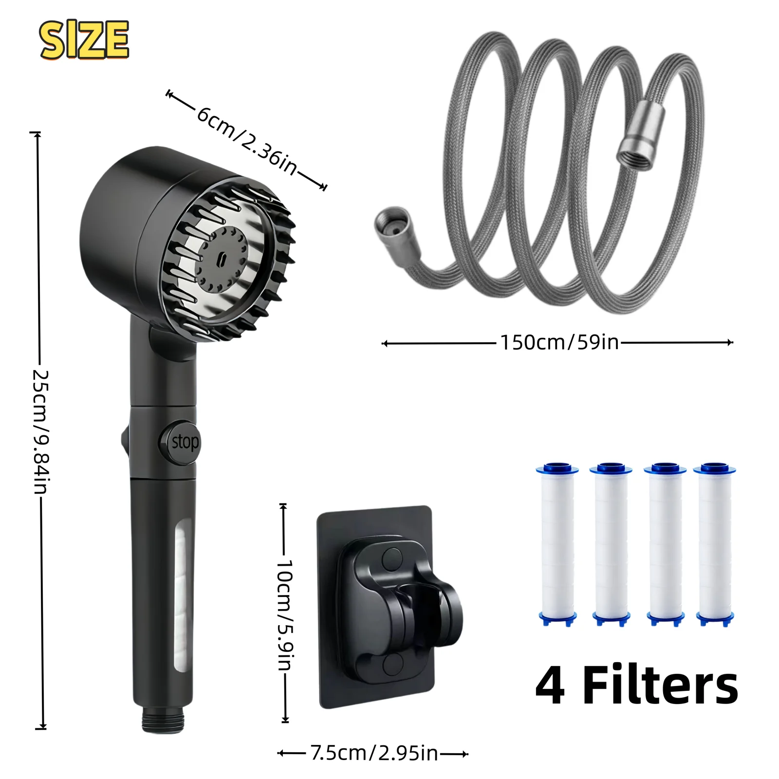 7PCS Black Purple High Pressure Water Saving Shower Head Set 4 Modes Adjustable with 4 Filter Cartridge Hose No Drill Bracket