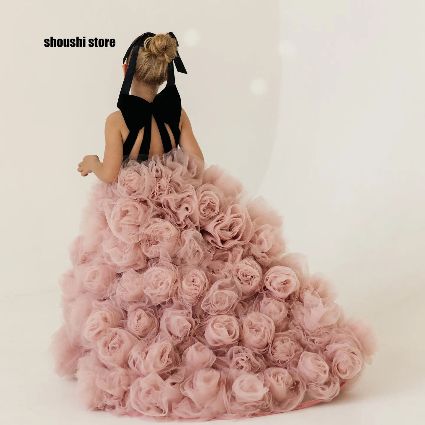 

2025 Wish J583 Роскошное розовое платье ручной работы с цветочным узором для девочек, тюлевое платье принцессы с бантом, детское свадебное платье для первого дня рождения, выпускного вечера