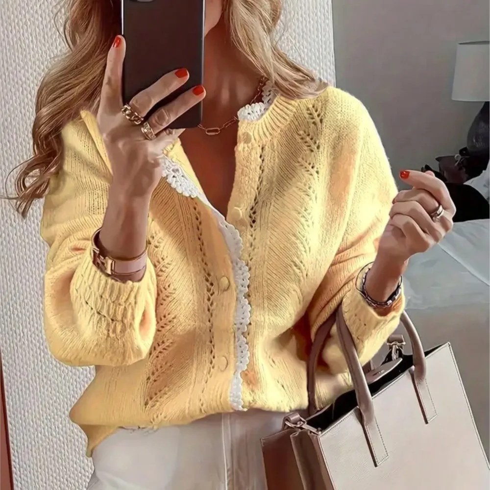 Women's Clothing Solid Color Knitted Cardigan Hollow Out Long-sleeved Single-breasted Sweater Jacket Simple Style All-match Slim 4