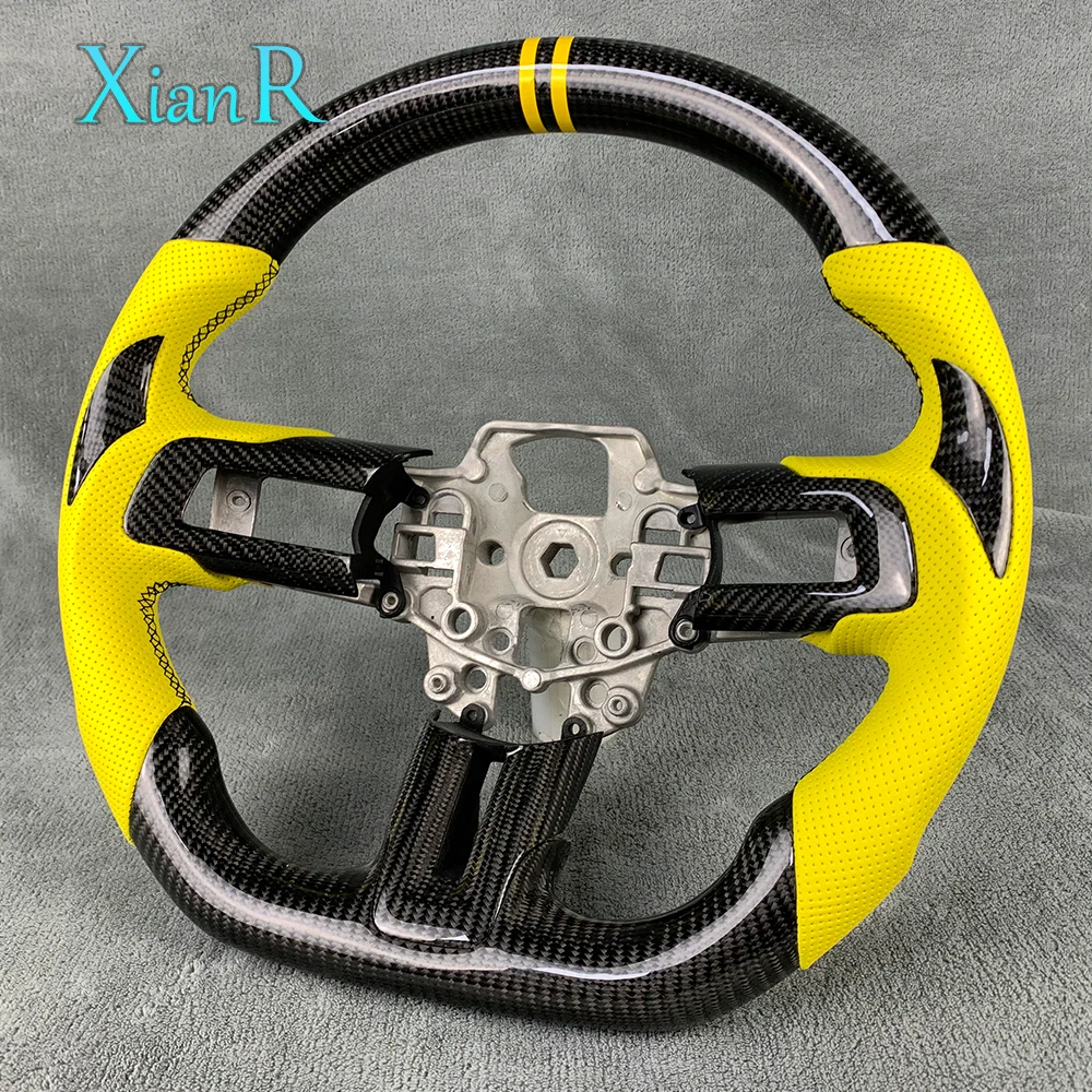 Yellow Perforated Leather Carbon Fiber Steering Wheel for Ford Mustang Shelby GT 2015-2023 Steering Wheel Supports Customization