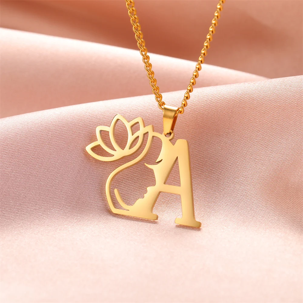 EUEAVAN Beauty Lotus Flower Letter Necklace for Women Stainless Steel Initial Pendant Necklace Alphabet Jewelry Christmas Gifts image 4