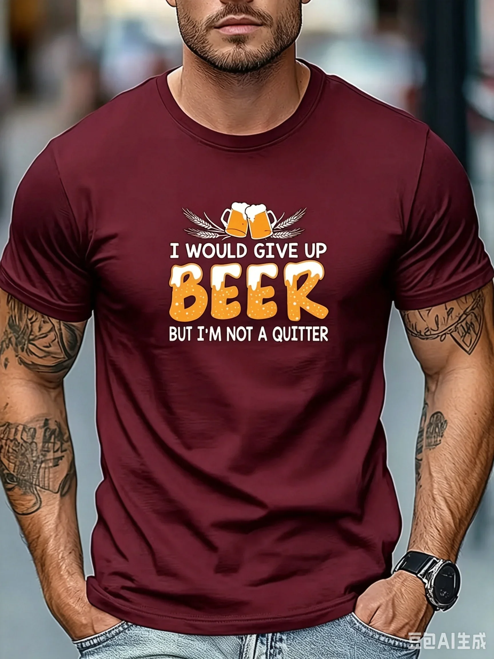 Funny Beer Graphic T‑Shirt I Would Give Up Beer But I'm Not A Quitter Letter Print Crew Neck Short Sleeve Trend Casual Party Tee