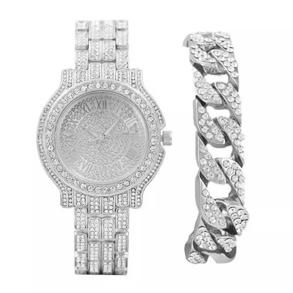 Iced Out-Reloj de pulsera de cuarzo para hombre y mujer, conjunto de joyería de lujo con micropavé, CZ, aleación de diamante, Hip Hop