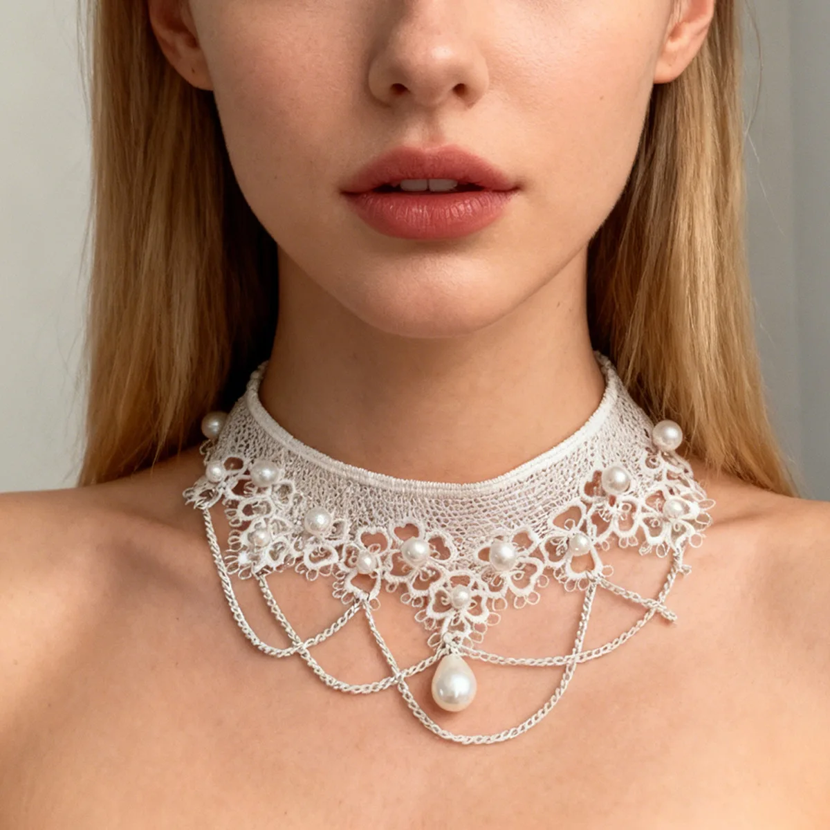 Imitation Pearl White Lace Choker Necklaces for Women Bridal Jewelry Women Wedding Tattoo Tassel Punk Style Lace Pendant Choker