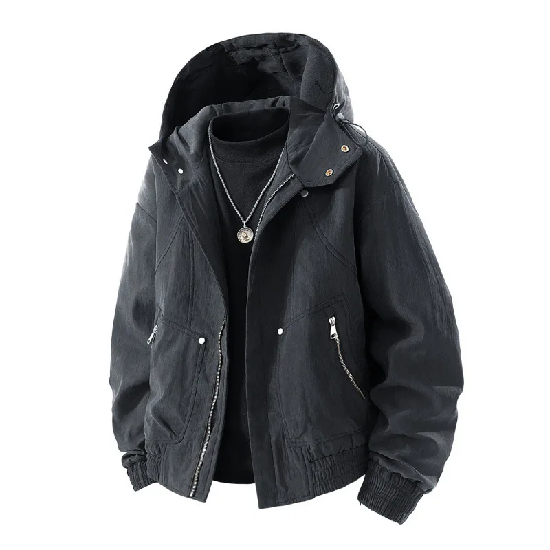 

Autumn Men Cargo Jacket Vintage Simple Solid Color Male Outerwear Long Sleeve Zipper Windproof Breathable Man Hooded Coat