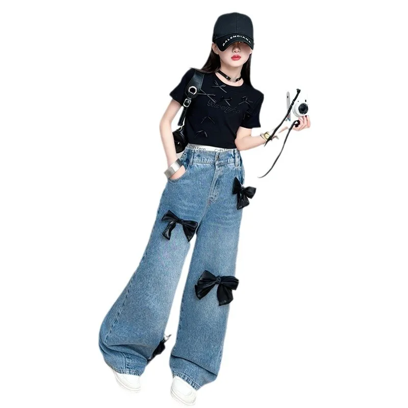 Teenage Girls Street Bow Jeans Elastic Mid Waist Loose Kids Denim Trousers New 2027 Spring Fashion Children Cute Wide Leg Pants 6