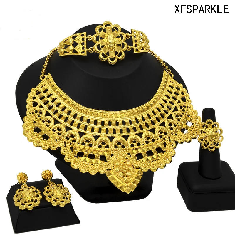 

2023 China's latest design 24k gold fringe necklace earrings bracelet jewelry set