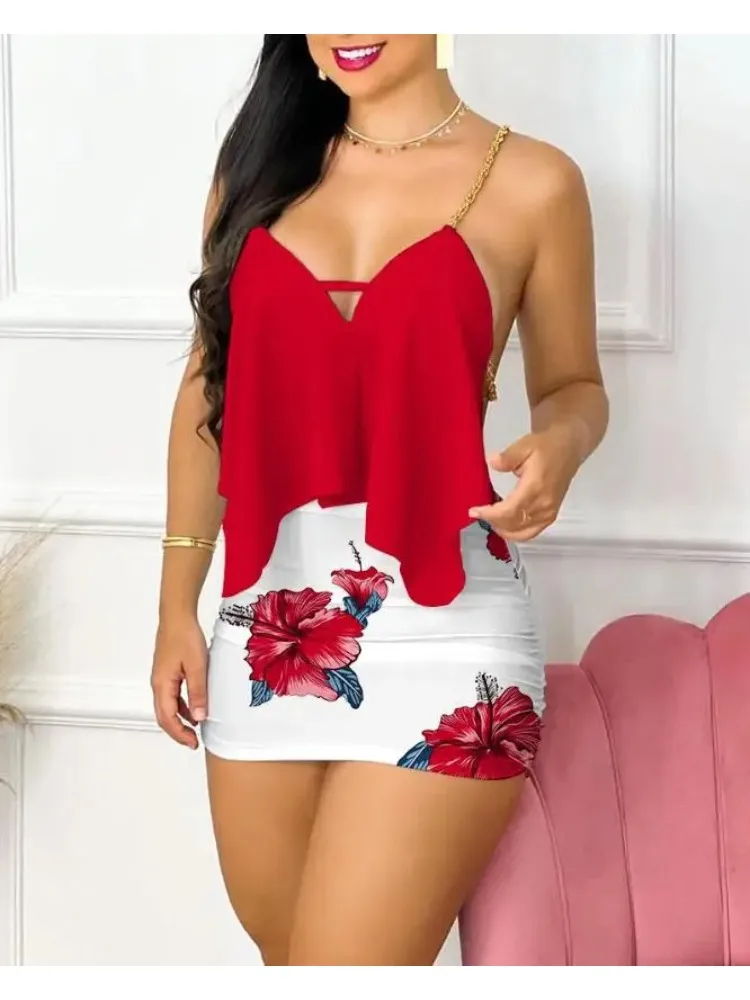 Summer Women's Sexy Party Skirt Set Solid Color V-neck Asymmetric Ruffle Chain Belt Bareback Strap Top Ruffle Mini Hip Wrap