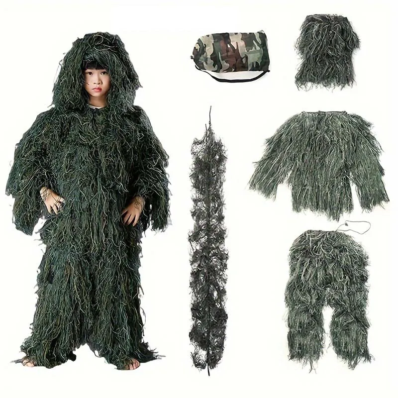 5PCS kids Ghillie Suits child Camouflage Jungle Hunting Suit Tops Pants Hats Birding Suit