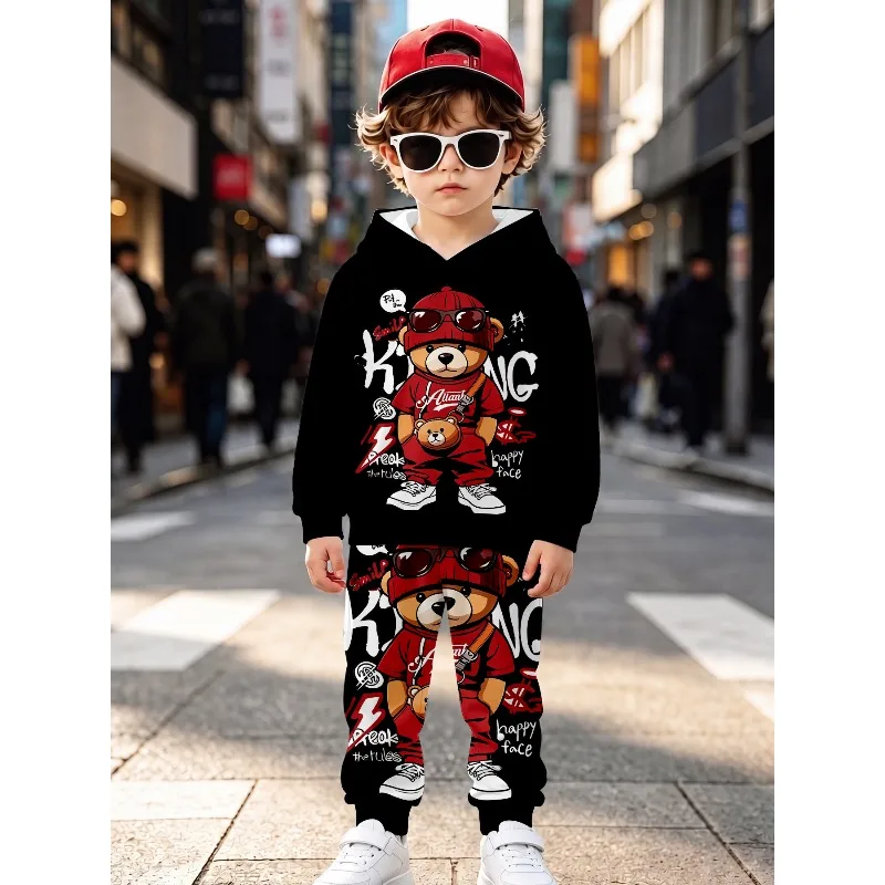 Little Boys 2 Piece Hoodie Jogger Tracksuit, Street Graffiti Bear, Cool Santa Snow Print, Monogram Splice Casual Outfit