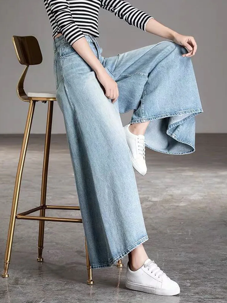 เกาหลีแฟชั่น Baggy กางเกงยีนส์ขากว้างผู้หญิง Casual วินเทจสูงเอวกางเกงยีนส์กางเกงฤดูใบไม้ผลิฤดูใบไม้ร่วง Streetwear Chic ล้าง Vaqueros ใหม่