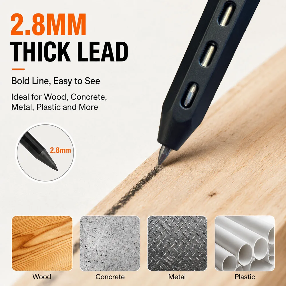 Professional Mechanical Carpenter Pencil Set with 2box Leads, 2.8mm Deep Hole Woodworking Marking Pencil Architects Drawing Tool view 5