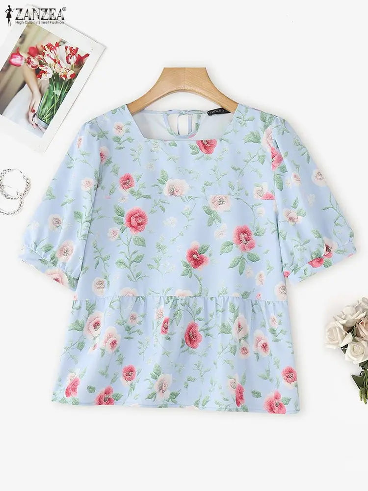 

ZANZEA 2022, летняя блузка с цветочным принтом, элегантные женские топы, рабочая рубашка с квадратным вырезом, повседневная праздничная туника с короткими рукавами Blusas Mujer