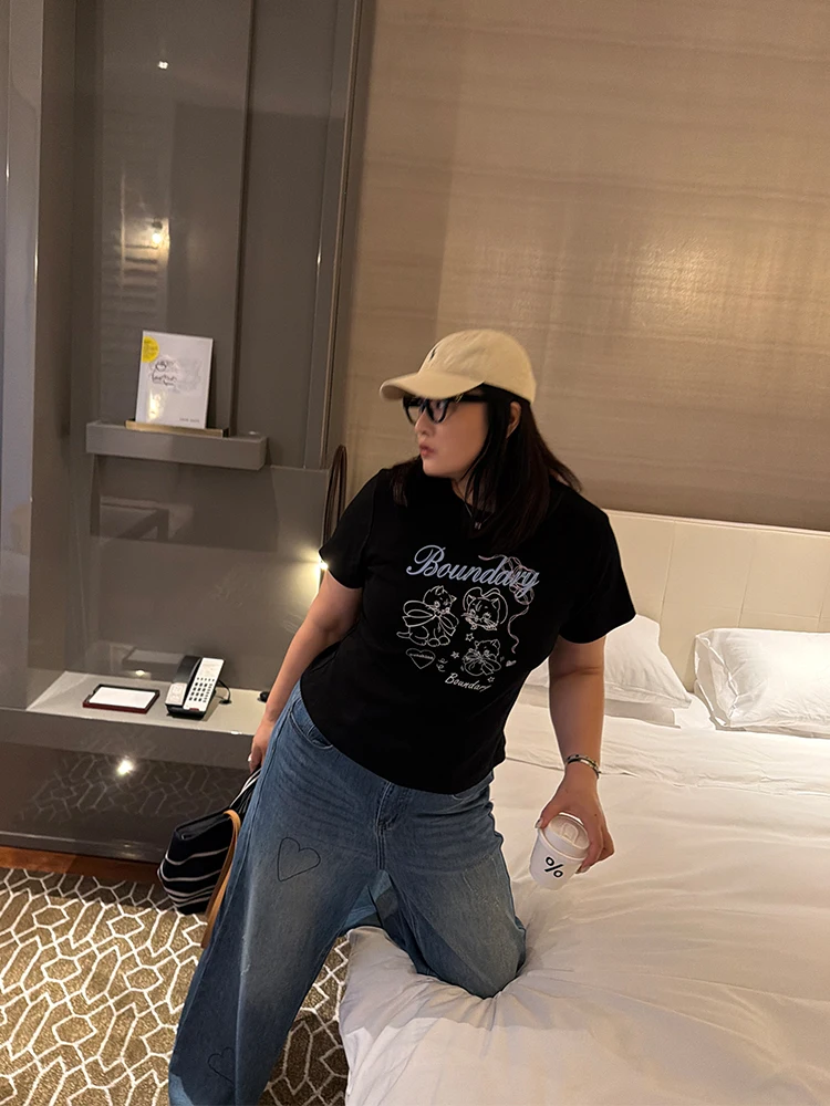 

Женская футболка большого размера с мультяшным принтом в американском стиле, повседневная, свободного кроя, с коротким рукавом, с эффектом омоложения, в стиле Little Xing