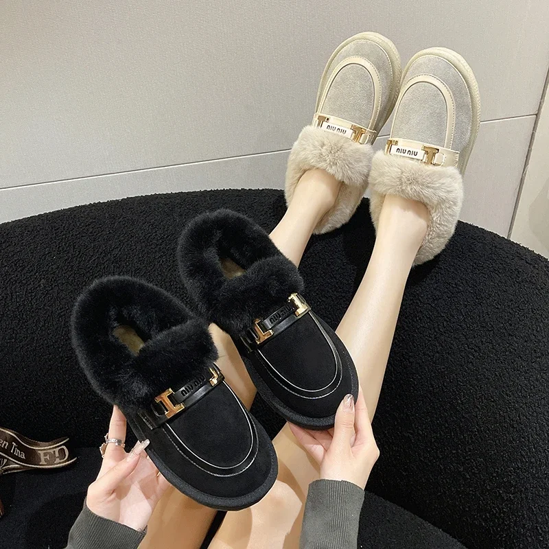 Leisure Ankle Boots for Women Winter Casual PU Slip on Shoes Woman Boots Lovely Flat Low Heels Metal Decoration Snow Boots Women