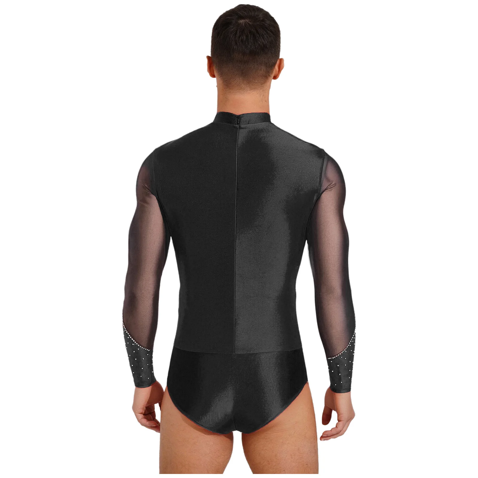 

Men Latin Dance Leotards Shirts Mock Neck Sheer Mesh Long Sleeve Ballet Dance Leotard Tango Rumba Gymnastics Bodysuit Dancewear