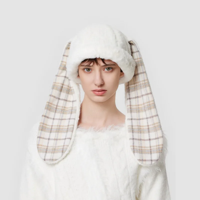 2027 Women Vintage Plaid Fuzzy Earflap Hat, Reversible Foldable Rabbit Ear Wool Hat for Autumn Winter