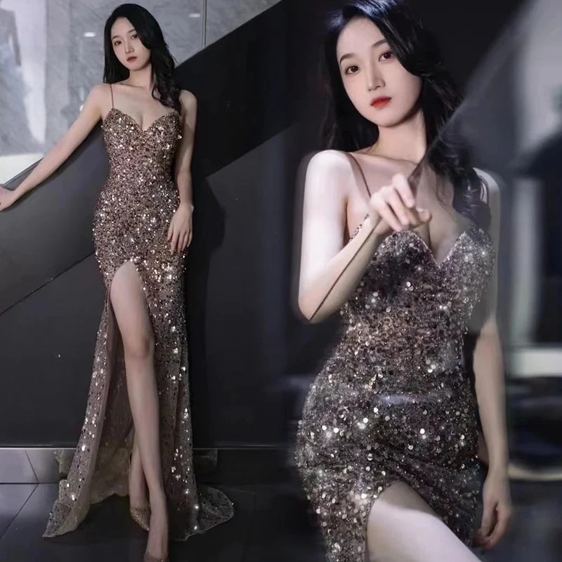 

Sexy Long Evening Gown Sparkling Sequins Luxury Host Performance Dr Wedding Par Fem Model Ele Slim Fit Midi Dr