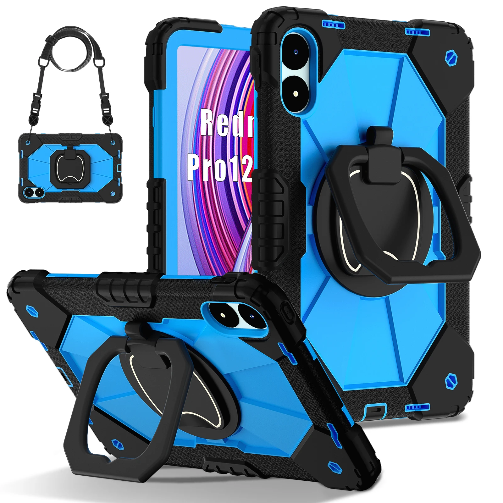 Heavy Duty Armor Case For Xiaomi Poco Pad Redmi Pad Pro 2024 12.1 inch 360 Rotatable Stand Cover With Handle Grip Shoulder Strap