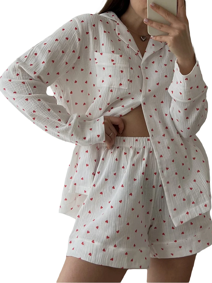 Women’s 2 Piece Pajamas Set Long Sleeve Heart Print Button Up Shirt Shorts Set Loungewear