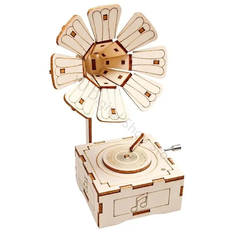 96BA Hands-On Wooden Gramophone Build Project with Display Value, Assembly Puzzle Model for Study Corners, Family Work, Hobby