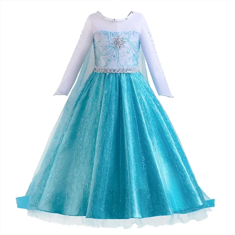 2024 Frozen Elsa Dress Girls Long Sleeves Dress Princess Cosplay Costume for Kids Carnival Birthday Fancy Party Clothes Vestidos