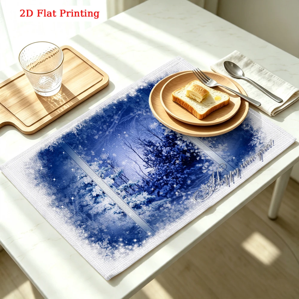 1Pc Winter Snowy Forest Placemat Blue 2D Flat Printing Happy New Year Table Mat Kitchen Dining Party Decor Use 30X40Cm Cover