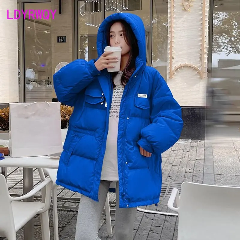 2022 New Women's Fashion Autumn and Winter Thickened Mid length Hooded Cotton Shirt Waist Shrinking Slim Coat