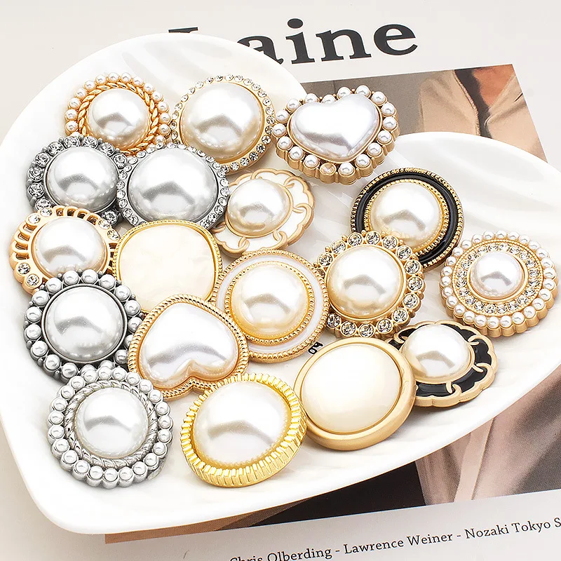 Luxury Rhinestones Button Imitation Pearl Metal Shank Buttons for Women Windbreaker Coat Sweater DIY Apparel Sewing Accessories