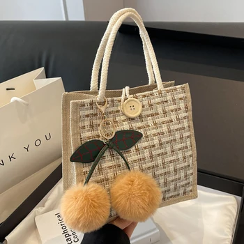 Bolsa tecida padrão trançado para senhoras, sacola de juta, bolsa de linho, portátil, mercearia, almoço, grande capacidade, compras, organizador