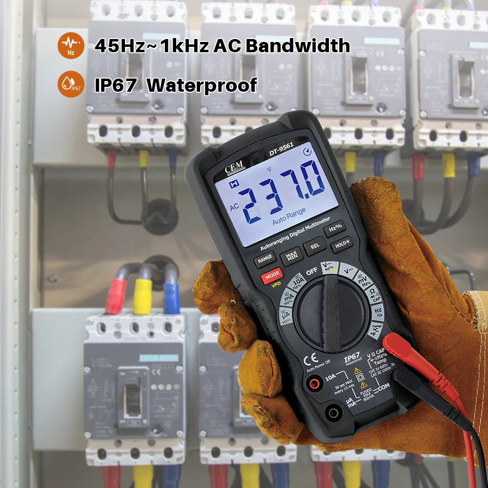 CEM New Innovation Industrial Grade Digital TRMS Multimeter with 1000V VFD, IP67 Dust and Water Proof, 2m Drop-proof