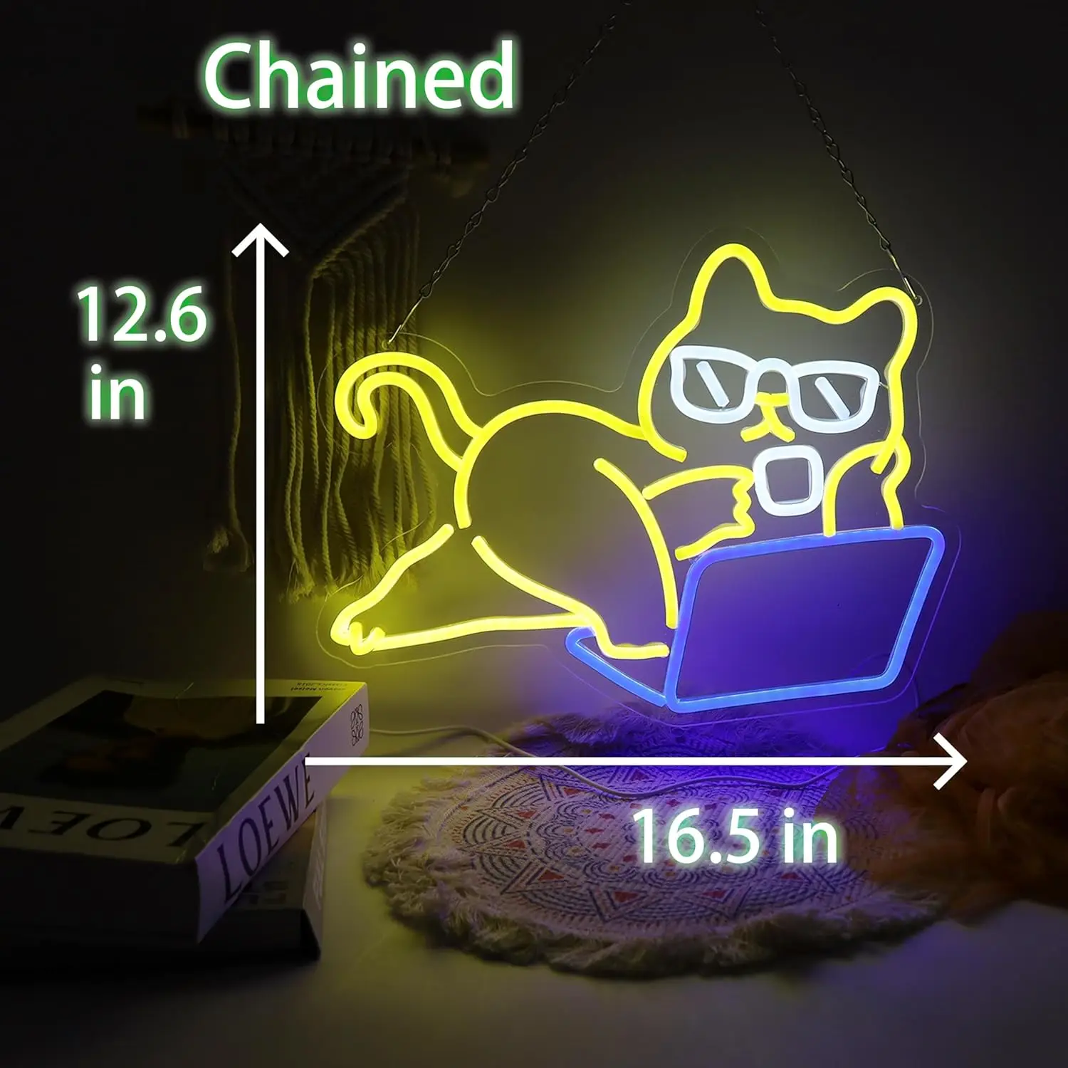 Lazy Cat Neon Sign Cute Sunglasses Notebook Cat LED Neon Light Wall Decoration Perfect Gift for Pet Lovers and Game Lovers