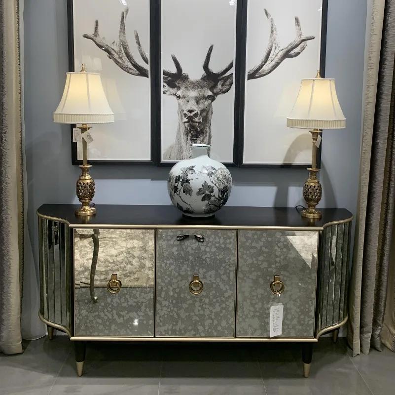 luxury entrance cabinet decorative cabinet gold-painted antique pattern mirror glass wall cabinet, dining side cabinet