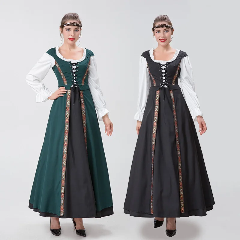 Vintage Medieval Court Slim Waist Dress 2-Piece Set Palace Ball Long Sleeve Dress for Women Halloween Cosplay Stage Play Costume