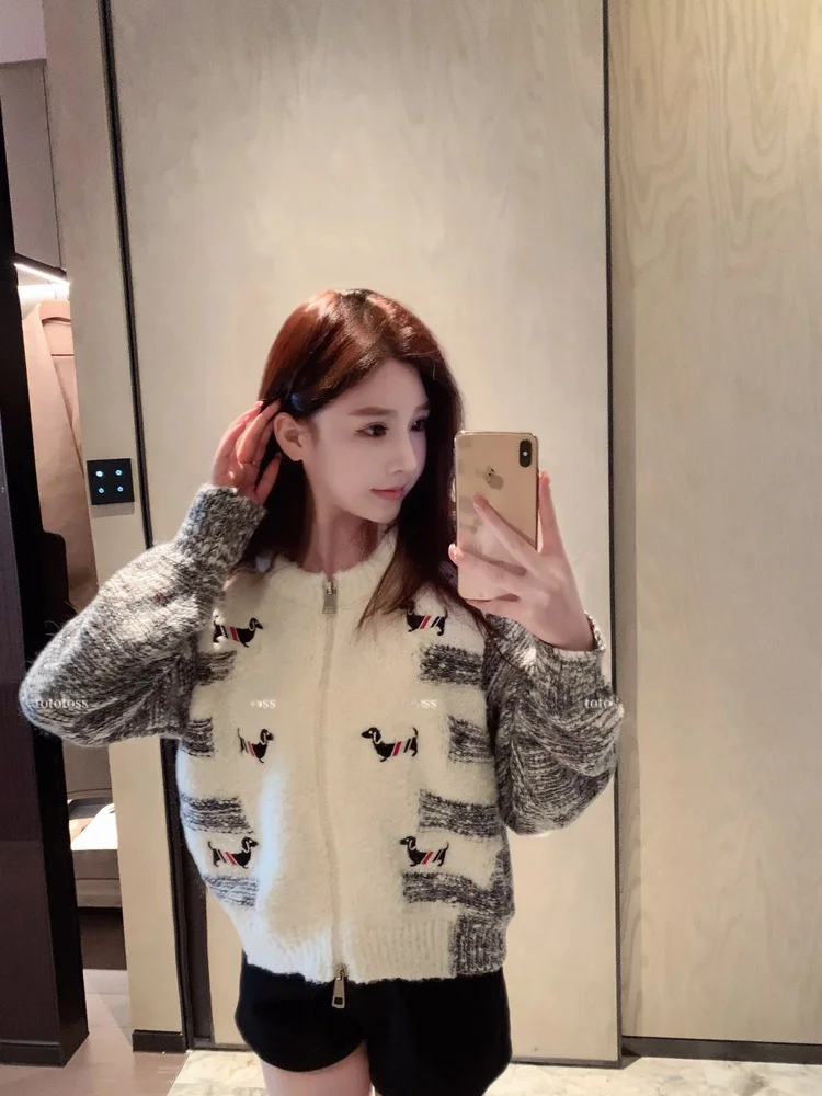 

Свободная женская куртка на молнии с колбасой и собакой, цветная блузка с тяжелой вышивкой, свитер, кардиган, повседневный хлопковый длинный свек, круглый Ne