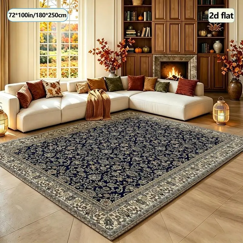 Dark Blue Vintage Oriental Floral Carpet Traditional Square Carpet Non-Slip Decorative Floor Mat for Home Use