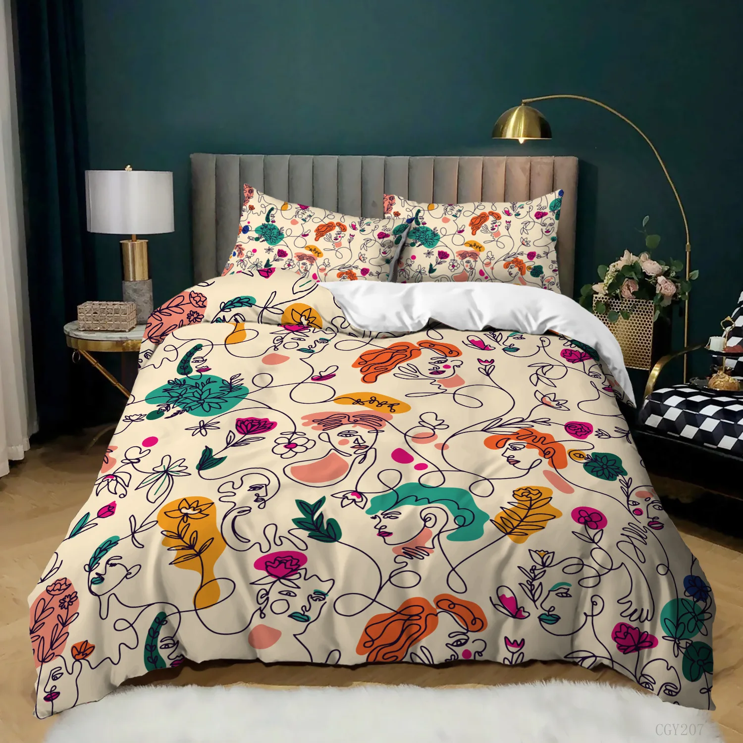 Watercolor Duvet Cover Set King/Queen Size Colorful Modern Fashion Floral Painting Polyester Quilt Cover for Girls Women Cream