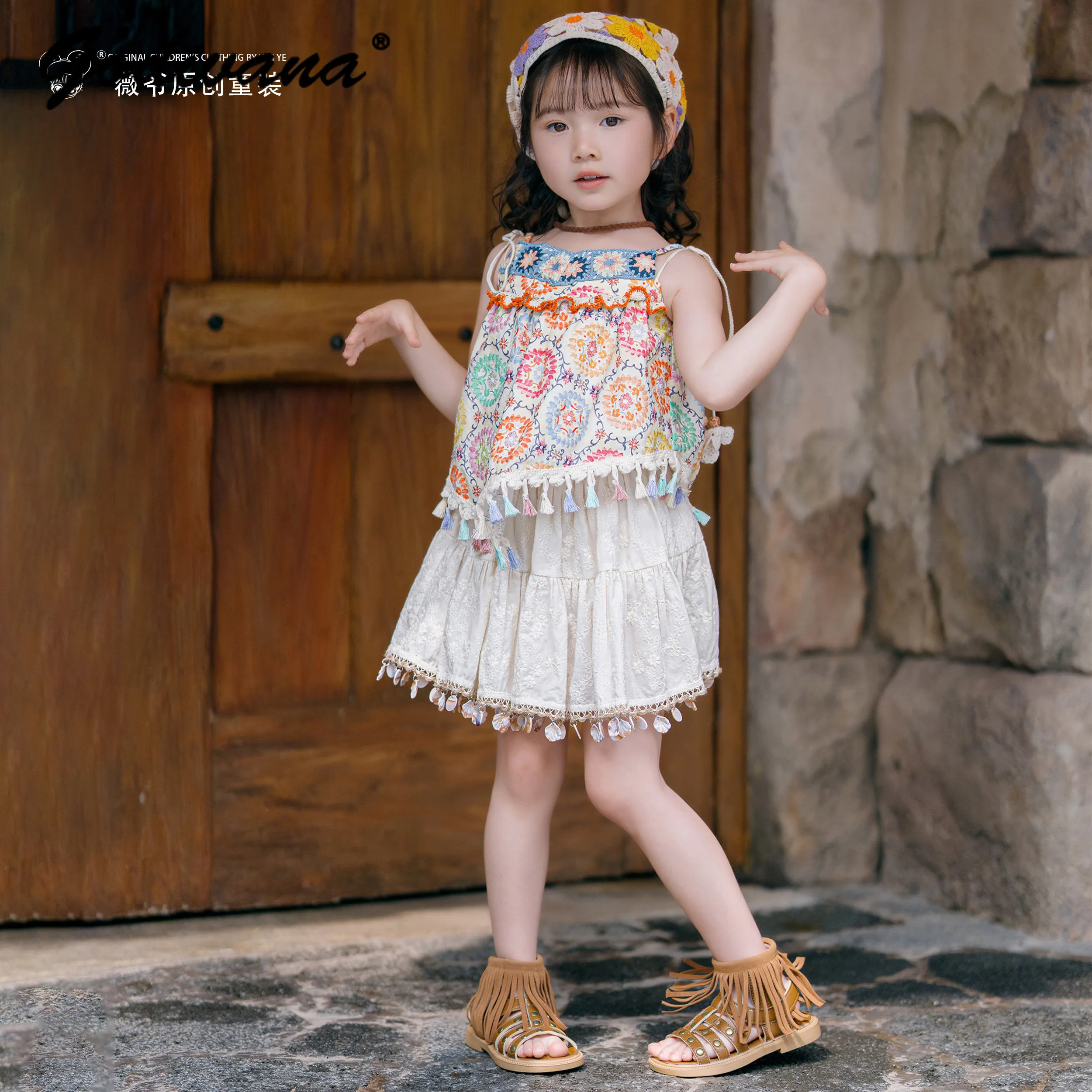 2026 New Summer Baby Girls Sweet Beach Vacation Bohemia Princess Travel 2pcs Set Kids Casual Daily Tassel Sling Top and Skirt