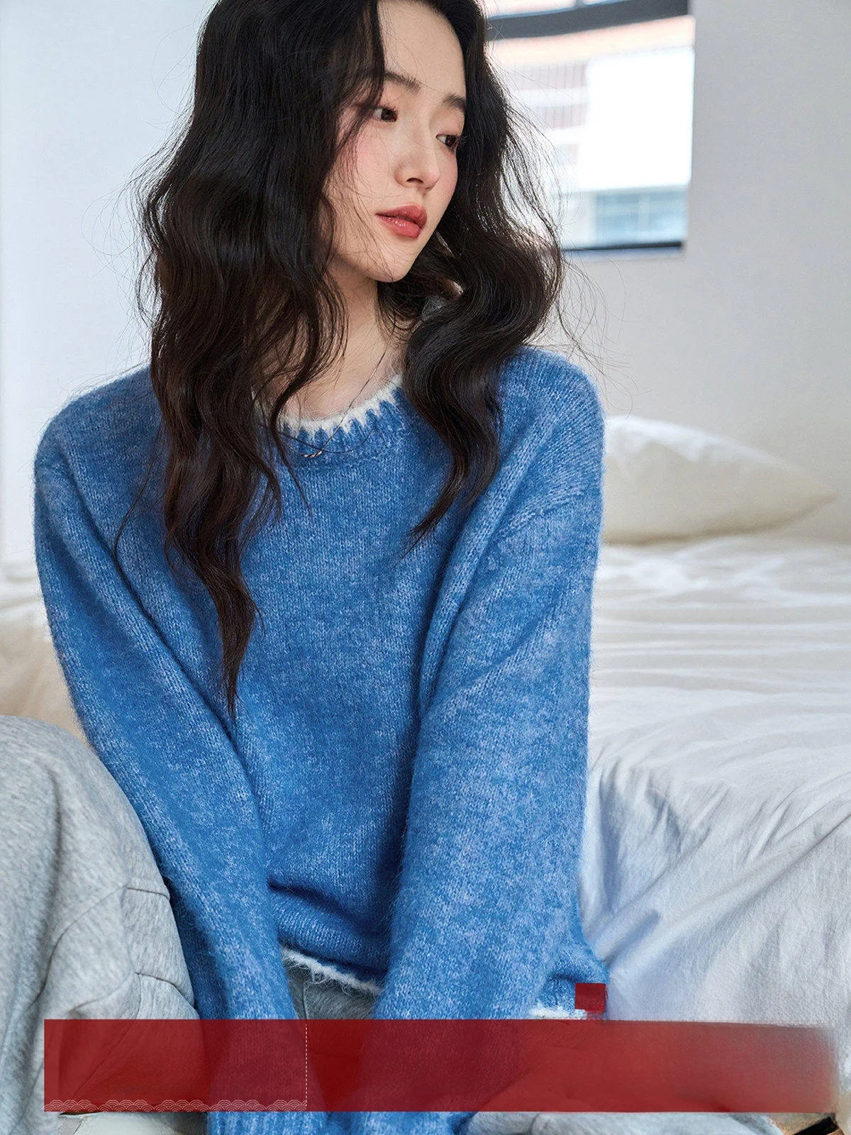 

Женский свитер MoZao Lazy Sle, свободного кроя, мягкий вязаный, синий, с круглым вырезом, новинка зимы 2026, повседневный, стройнящий, без застежек