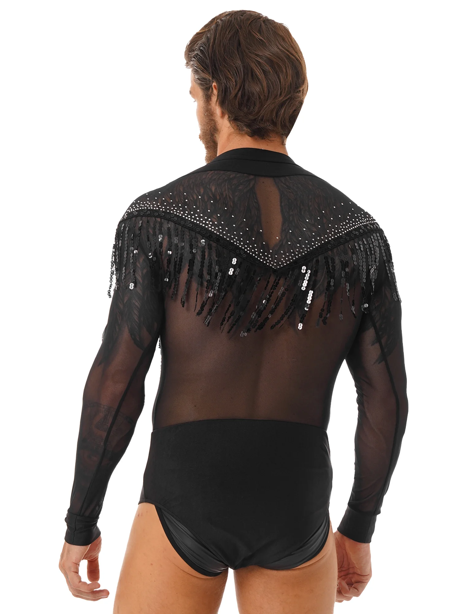 Mens Deep V Sheer Mesh Bodysuit Ballroom Latin Dance Performance Costume Shiny Rhinestone Sequin Tassel Leotard Dancewear