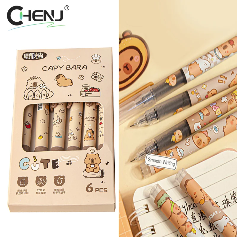 4/6Pcs Cute Kawaii Capybara Gel Pen Set Cartoon Quickly-Drying Pressing Neutral Pens Aesthetic Stationery School Office Supplies